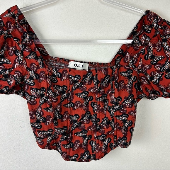 O.L.M. Puff sleeve burnt orange butterfly crop corset top blouse size: M - Picture 2 of 11